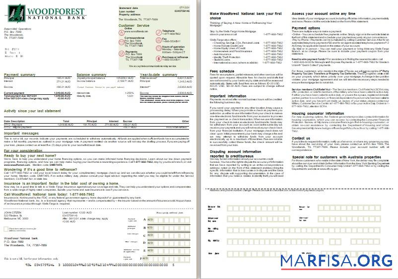 Blank Australia Woodforest National bank mortgage statement, 2 pages, 1 2 scr download for verification